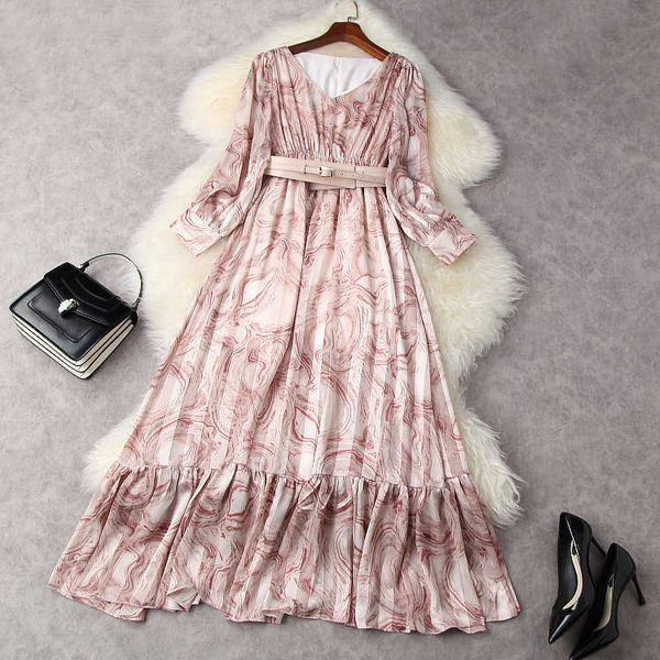 european and american women's clothing spring 2021 new long-sleeved v-neck fashion print belt pleated dress, Black;gray
european and american women's clothing spring 2021 new long-sleeved v-neck fashion print belt pleated dress, Black;gray