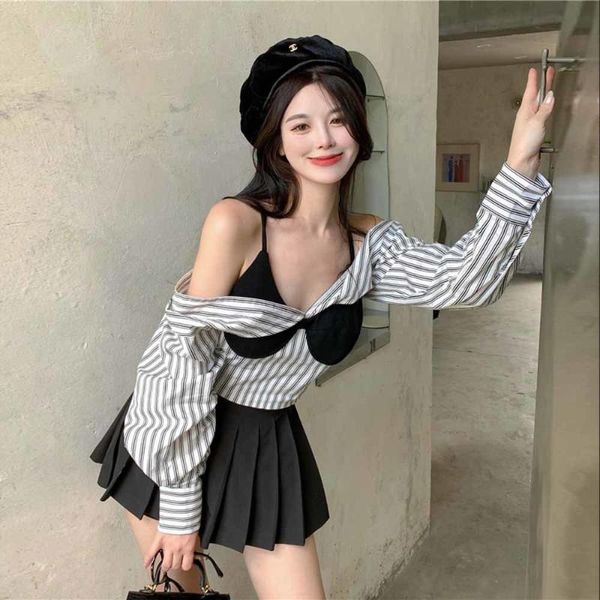 women's blouses & shirts autumn fake two piece crop women 2021 irregular deep v-neck long sleeve short striped shirt femme, White
women's blouses & shirts autumn fake two piece crop women 2021 irregular deep v-neck long sleeve short striped shirt femme, White
