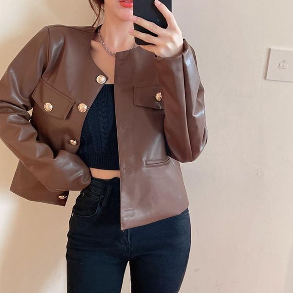 women's leather & faux women streetwear jacket fashion long sleeve golden buttons short coat ladies vintage khaki biker moto outwear, Black
women's leather & faux women streetwear jacket fashion long sleeve golden buttons short coat ladies vintage khaki biker moto outwear, Black