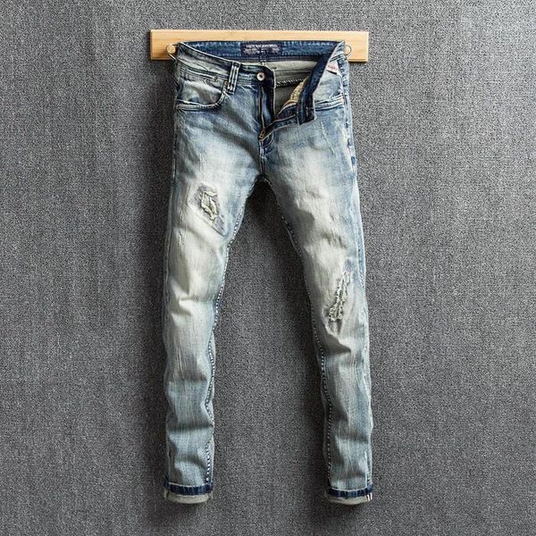 men's jeans european vintage fashion men retro light gray blue elastic slim fit ripped patch designer casual denim pants
men's jeans european vintage fashion men retro light gray blue elastic slim fit ripped patch designer casual denim pants