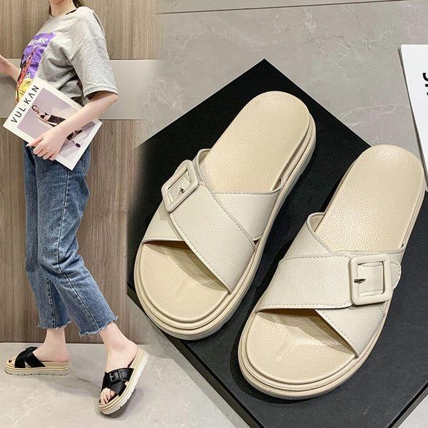 shoes slippers flat slipers women shale female beach low big size slides 2021 sabot soft rubber summer buckle strap scandals pu, Black