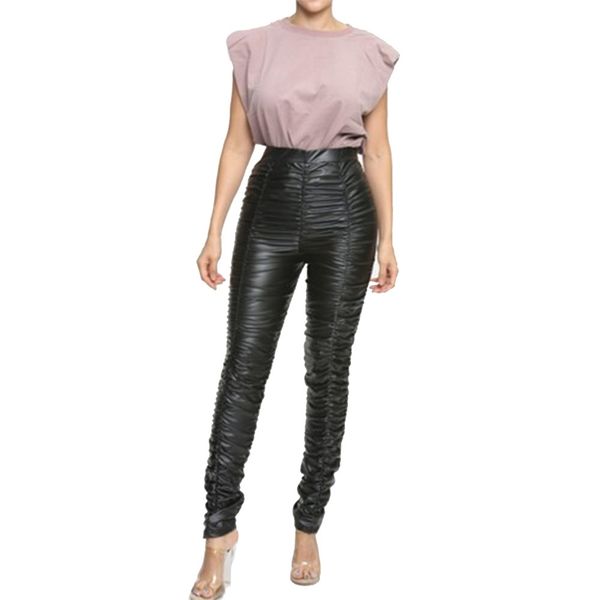 women pu leather stacked pants black skinny pencil pants ladies pleated high waist bodycon trouses punk spodnie damskie 210414, Black;white
women pu leather stacked pants black skinny pencil pants ladies pleated high waist bodycon trouses punk spodnie damskie 210414, Black;white