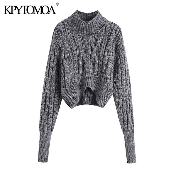 women fashion asymmetric cropped cable-knit sweater vintage high neck lantern sleeve female pullovers chic 210420, White;black
women fashion asymmetric cropped cable-knit sweater vintage high neck lantern sleeve female pullovers chic 210420, White;black