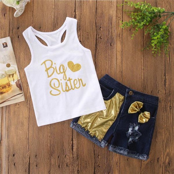 clothing sets girl's 2pcs summer clothes set, big sister sleeveless vest with patchwork bow shiny pocket denim shorts, White
clothing sets girl's 2pcs summer clothes set, big sister sleeveless vest with patchwork bow shiny pocket denim shorts, White