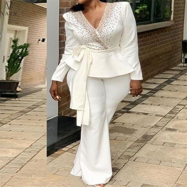 women's two piece pants vazn 2021 fashion women suit high street style sets long sleeve deep v short elastic lady, White
women's two piece pants vazn 2021 fashion women suit high street style sets long sleeve deep v short elastic lady, White