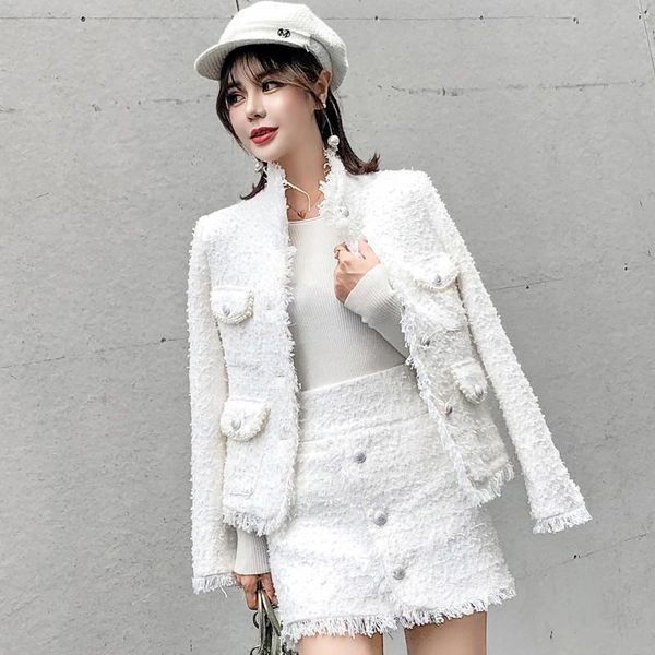 two piece dress runway designer woolen tweed 2 set 2021 winter women single breasted pearls beading jacket coat + tassel short skirt suit, White
two piece dress runway designer woolen tweed 2 set 2021 winter women single breasted pearls beading jacket coat + tassel short skirt suit, White