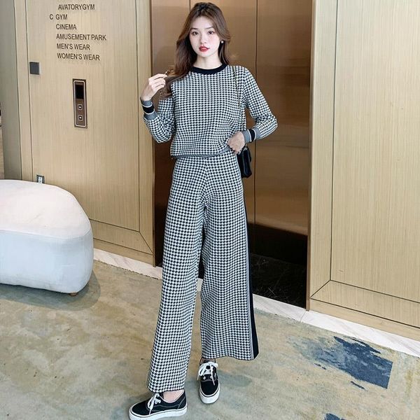 women's two piece pants set women tracksuit autumn houndstooth knitted pullover sweater + long pant sets, White
women's two piece pants set women tracksuit autumn houndstooth knitted pullover sweater + long pant sets, White
