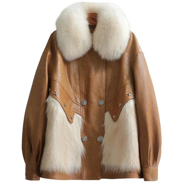 women's leather & faux lady genuine sheepskin suede coat down lining raccoon fur collar autumn winter women jacket suit outerwear lf210, Black
women's leather & faux lady genuine sheepskin suede coat down lining raccoon fur collar autumn winter women jacket suit outerwear lf210, Black
