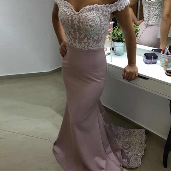 party dresses off shoulder prom mermaid appliques dress dusty pink evening gown buttons back, White;black
party dresses off shoulder prom mermaid appliques dress dusty pink evening gown buttons back, White;black