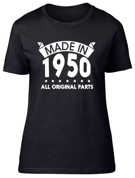 made in 1950, all original parts birthday womens ladies short sleeve t-shirt, White;black
made in 1950, all original parts birthday womens ladies short sleeve t-shirt, White;black