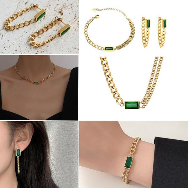 earrings & necklace classic jewelry set golden long chain geometric rectangle green crystal rhinestone zircon bracelet for women, Silver
earrings & necklace classic jewelry set golden long chain geometric rectangle green crystal rhinestone zircon bracelet for women, Silver