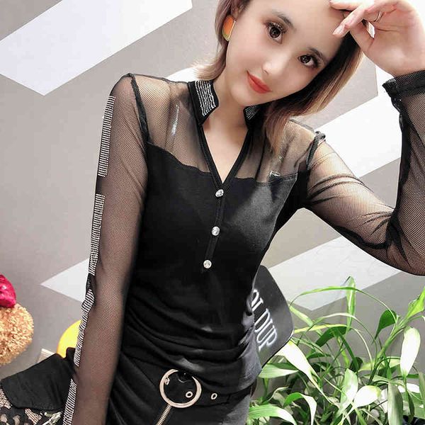 women's t-shirt fashion patchwork mesh diamonds button tshirt european autumn winter women long sleeve camiseta mujer t98, White
women's t-shirt fashion patchwork mesh diamonds button tshirt european autumn winter women long sleeve camiseta mujer t98, White