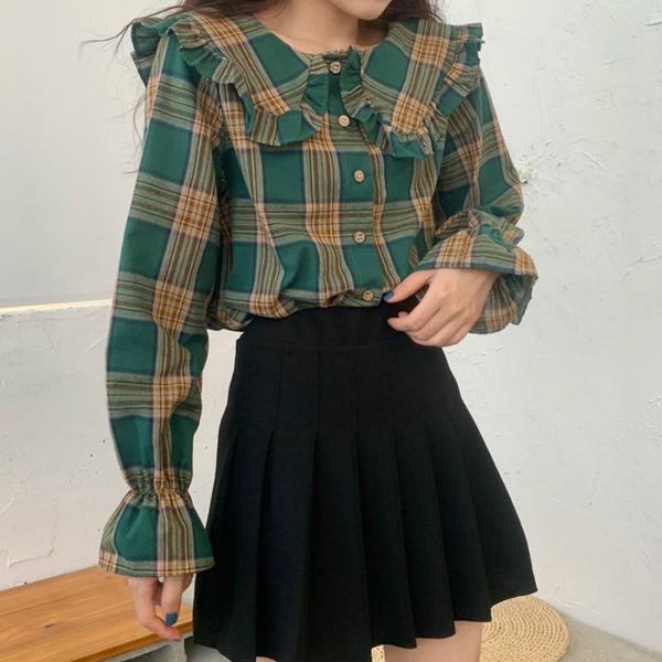 women's blouses & shirts deeptown korean style plaid shirt women fashion 2021 ruffle button up long sleeve elegant loose doll collar b, White
women's blouses & shirts deeptown korean style plaid shirt women fashion 2021 ruffle button up long sleeve elegant loose doll collar b, White