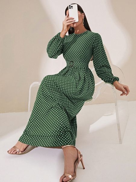 polka dot print lantern sleeve belted dress s7vy#, Black;gray