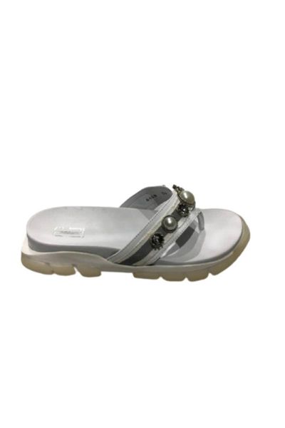 slippers women's white leather thong pearl, Black
