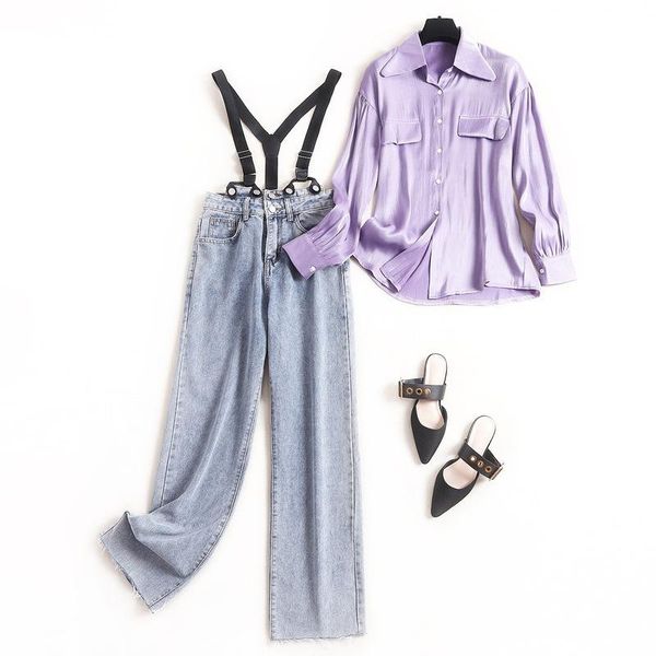 two piece dress bright silk shirt wide leg pants suit women 2021 spring bib two-piece set, White
two piece dress bright silk shirt wide leg pants suit women 2021 spring bib two-piece set, White