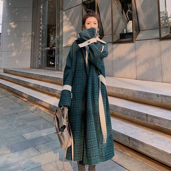women's wool & blends autumn winter woolen coat women dark green lattice stitching elegant overcoat korean style loose warm fashion, Black
women's wool & blends autumn winter woolen coat women dark green lattice stitching elegant overcoat korean style loose warm fashion, Black