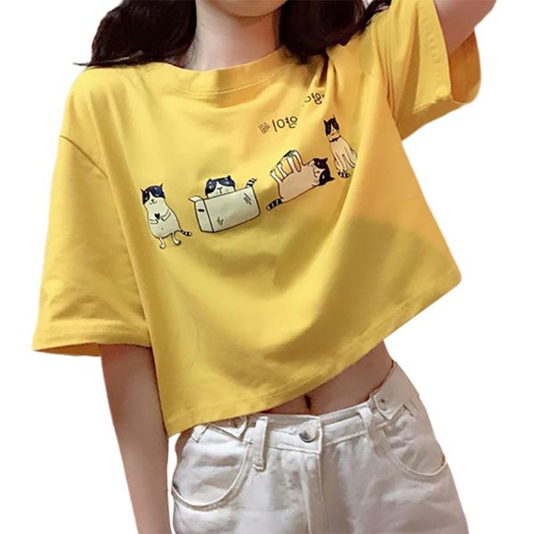 women's t-shirt summer cute graphic women t shirt japanese kawaii cat design tumbl cropped cartoon printed loose casual girls yellow t, White
women's t-shirt summer cute graphic women t shirt japanese kawaii cat design tumbl cropped cartoon printed loose casual girls yellow t, White