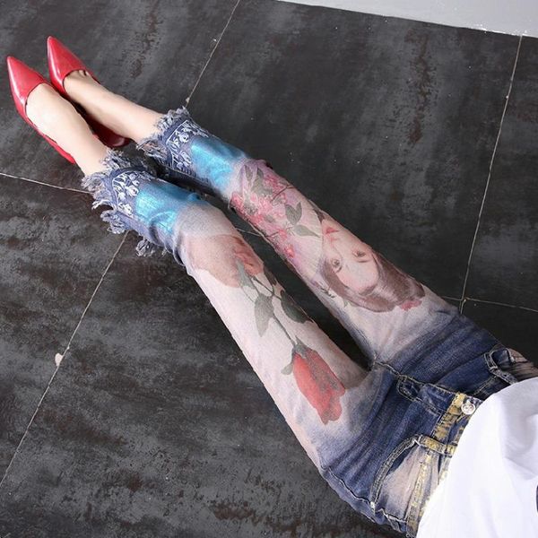 women's jeans 2021 woman fashion pencil jean pants drilling printing rhinestones calf-length flare womens female, Blue 
women's jeans 2021 woman fashion pencil jean pants drilling printing rhinestones calf-length flare womens female, Blue