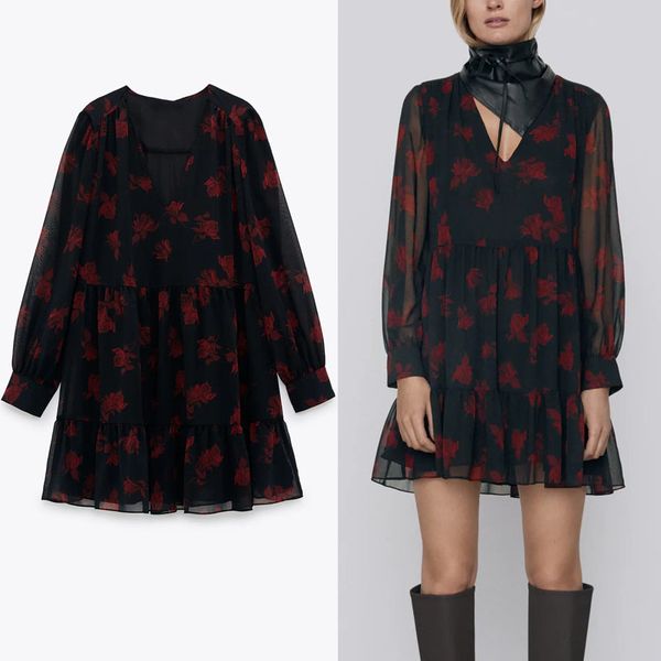 dresses ruffled print mini women transparent long sleeve v neck vintage es woman chic pleated flower short vestido, Black;gray
dresses ruffled print mini women transparent long sleeve v neck vintage es woman chic pleated flower short vestido, Black;gray