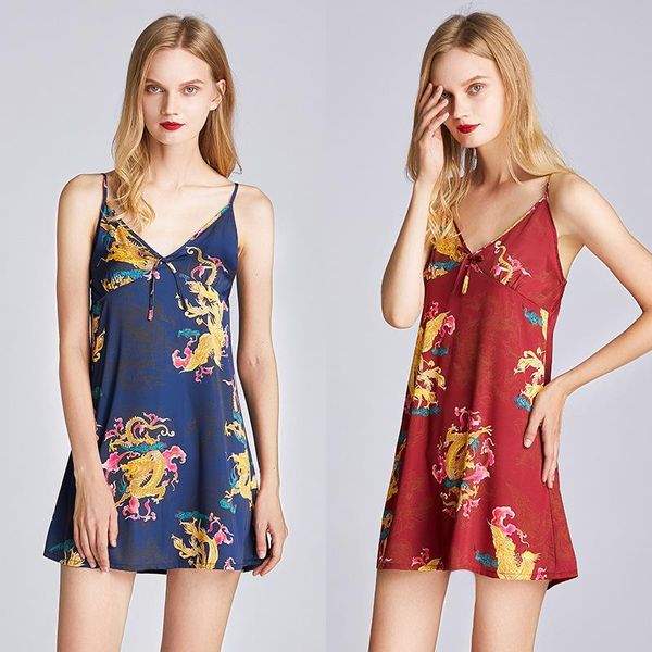 women's sleepwear chinese style silk oriental dragon embroidered skirt female suspender nightwear pijama dress, Black;red
women's sleepwear chinese style silk oriental dragon embroidered skirt female suspender nightwear pijama dress, Black;red