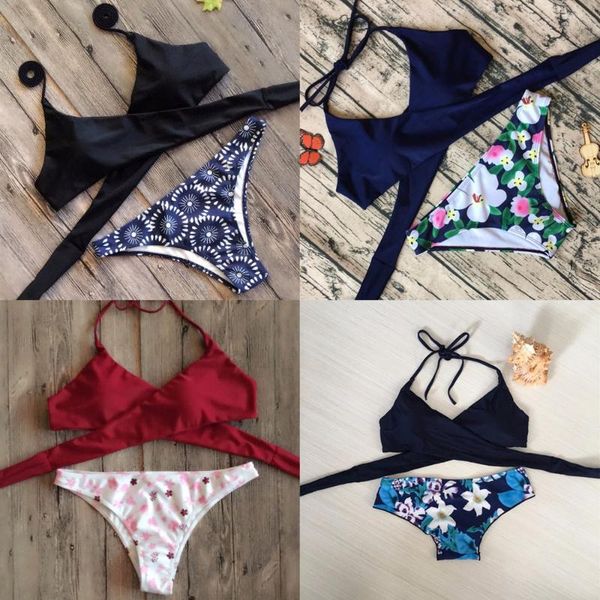 women's swimwear cute bikini summer beach swimsuit split printed cross halter strap set, White;black
women's swimwear cute bikini summer beach swimsuit split printed cross halter strap set, White;black
