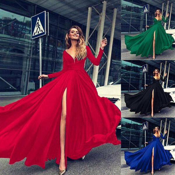 women v neck long sleeve dress formal ball prom gown party casual dresses, Black;gray
women v neck long sleeve dress formal ball prom gown party casual dresses, Black;gray