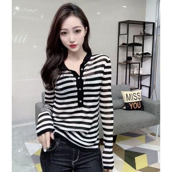 women's t-shirt long sleeve striped v-neck color matching 2021 spring korean slim elastic bottomed sweater fashion, White
women's t-shirt long sleeve striped v-neck color matching 2021 spring korean slim elastic bottomed sweater fashion, White
