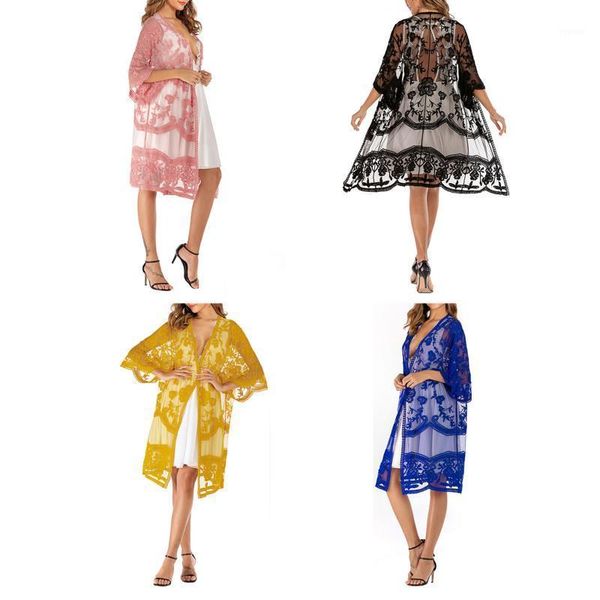 women beach blouse, half sleeves floral pattern lace hem long , white/ yellow/ blue/ black/ 's swimwear women's, White;black
women beach blouse, half sleeves floral pattern lace hem long , white/ yellow/ blue/ black/ 's swimwear women's, White;black