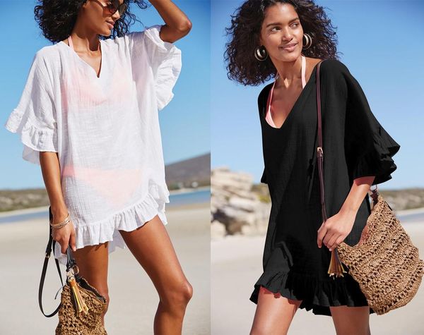 women's swimwear european and american slub cotton lace-up ruffled bikini beach cover-up sun protection clothing, White;black
women's swimwear european and american slub cotton lace-up ruffled bikini beach cover-up sun protection clothing, White;black