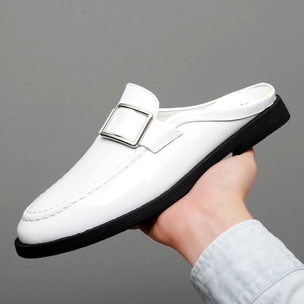 new tide casual slippers indoor white men loafers patent leather half dress shoes elegant flats metal decoration, Black
new tide casual slippers indoor white men loafers patent leather half dress shoes elegant flats metal decoration, Black