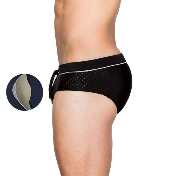 with men's mesh stitching cup pure color black triangle swimming trunks swimwear men swim brief paded wave point 
with men's mesh stitching cup pure color black triangle swimming trunks swimwear men swim brief paded wave point