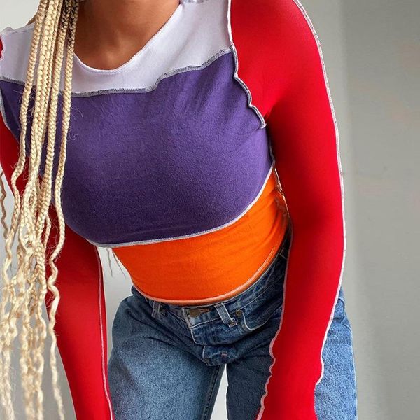 women's t-shirt spring short for women mini fashion streetwear colorblock long sleeve o neck slim crop, White
women's t-shirt spring short for women mini fashion streetwear colorblock long sleeve o neck slim crop, White