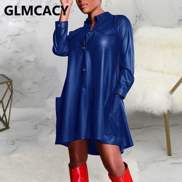women plus size long sleeve buttoned pockets design loose style mini pu dress 210702, Black;gray
women plus size long sleeve buttoned pockets design loose style mini pu dress 210702, Black;gray