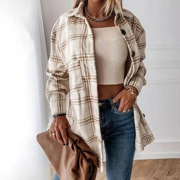 women's blouses & shirts women long plaid shirt coat casual sleeve fashion loose outwear vintage elegant jacket blouse 2021 autumn spri, White
women's blouses & shirts women long plaid shirt coat casual sleeve fashion loose outwear vintage elegant jacket blouse 2021 autumn spri, White