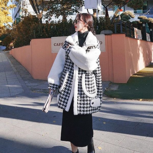 women's wool & blends houndstooth jacket tide plus velvet thickening small fluffy woolen coat winter lamb, Black
women's wool & blends houndstooth jacket tide plus velvet thickening small fluffy woolen coat winter lamb, Black