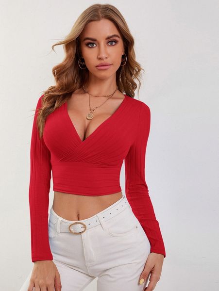 ribbed surplice form-fitting crop z4f4#, White