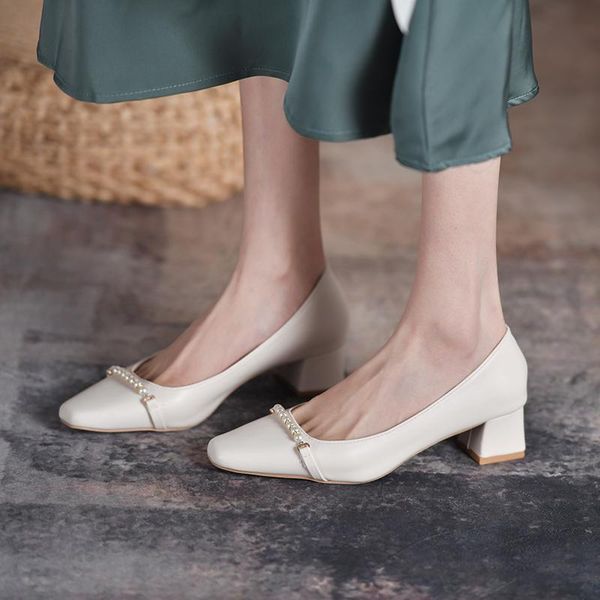 dress shoes beige leather women's high heels square head beaded chain decoration chic office ladies work thick, Black
dress shoes beige leather women's high heels square head beaded chain decoration chic office ladies work thick, Black