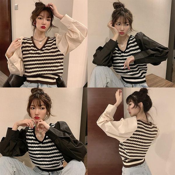 women's jackets fashionable and latest style coats v-neck stripe stitching long-sleeved fake two-piece pullover sweater is thin short, Black;brown
women's jackets fashionable and latest style coats v-neck stripe stitching long-sleeved fake two-piece pullover sweater is thin short, Black;brown