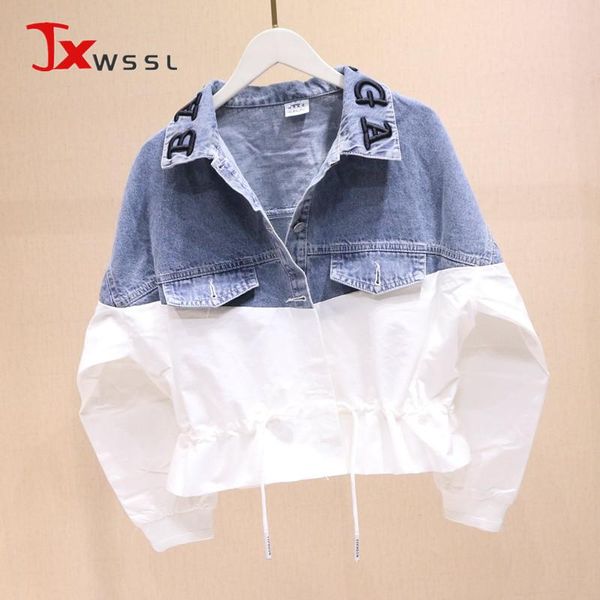 women's jackets spring spliced baseball uniform women short jacket fashion lapel embroidery denim long sleeve female loose jeans coat, Black;brown
women's jackets spring spliced baseball uniform women short jacket fashion lapel embroidery denim long sleeve female loose jeans coat, Black;brown