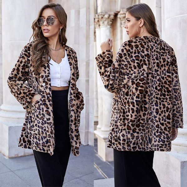 women's wool & blends y99 spring and autumn leopard print mid-length clothing fashion style faux furjacket loose with pockets plush coa, Black
women's wool & blends y99 spring and autumn leopard print mid-length clothing fashion style faux furjacket loose with pockets plush coa, Black