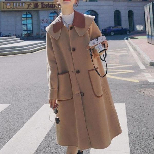 women's wool & blends autumn and winter ladies woolen long coat loose navy collar stitching warm camel blended retro chic, Black
women's wool & blends autumn and winter ladies woolen long coat loose navy collar stitching warm camel blended retro chic, Black