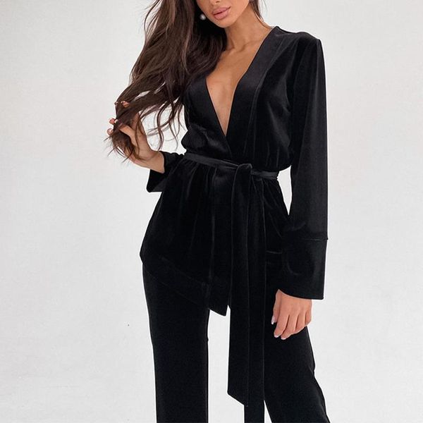 women's two piece pants autumn winter lace up long sleeve suit casual sets velvet trousers set, White
women's two piece pants autumn winter lace up long sleeve suit casual sets velvet trousers set, White