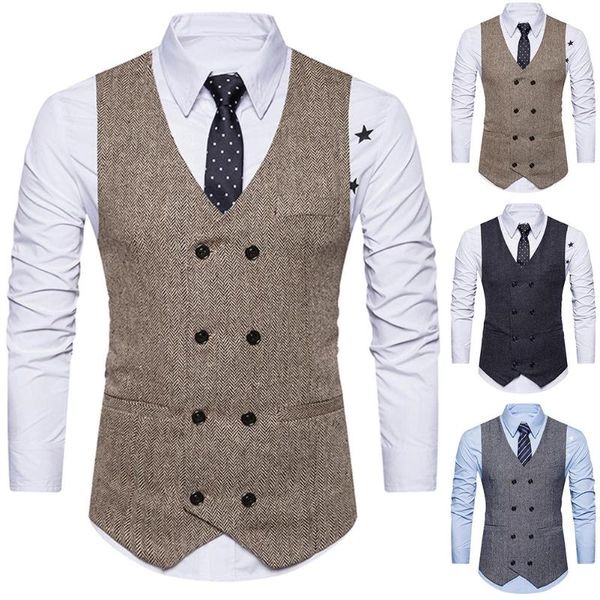 men's vests vintage men sleeveless double-breast herringbone twill waistcoat business vest, Black;white
men's vests vintage men sleeveless double-breast herringbone twill waistcoat business vest, Black;white