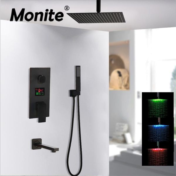 monite matte black 8~16 inch wall mount bathroom rainfall shower faucet set thermostatic temperature display sets
monite matte black 8~16 inch wall mount bathroom rainfall shower faucet set thermostatic temperature display sets
