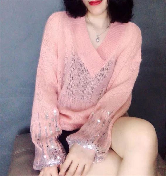 women's sweaters 2021 spring and autumn sequins lantern sleeve mohair v-neck sweater knitwear loose lazy style casual thin pullover, White;black
women's sweaters 2021 spring and autumn sequins lantern sleeve mohair v-neck sweater knitwear loose lazy style casual thin pullover, White;black