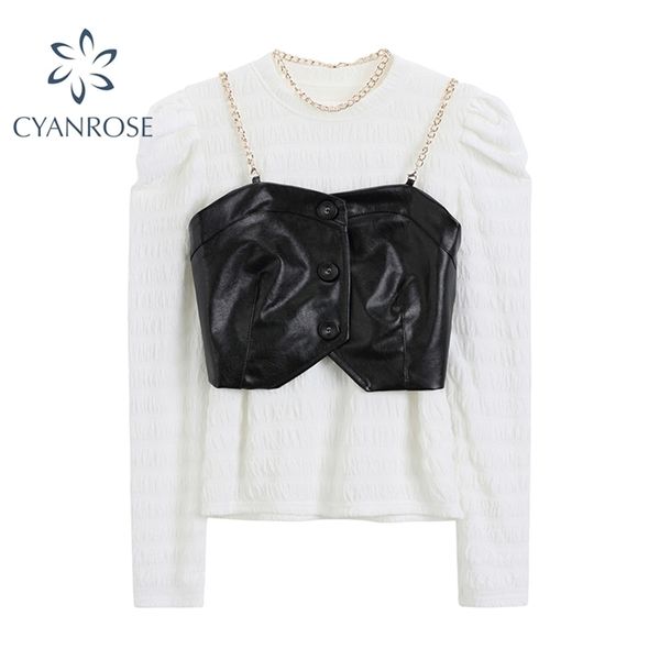 spring women's t shirt with pu leather chain strap vest outfits lady long sleeve clubwear party casual tees sets 210515, White
spring women's t shirt with pu leather chain strap vest outfits lady long sleeve clubwear party casual tees sets 210515, White
