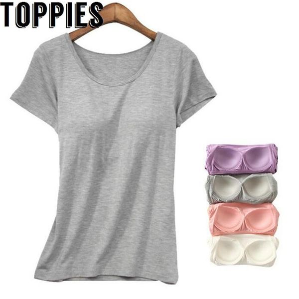 ies women women gym shirt o-neck padded bra t-shirt elastic breathable basic t-shirt braless 210406, White