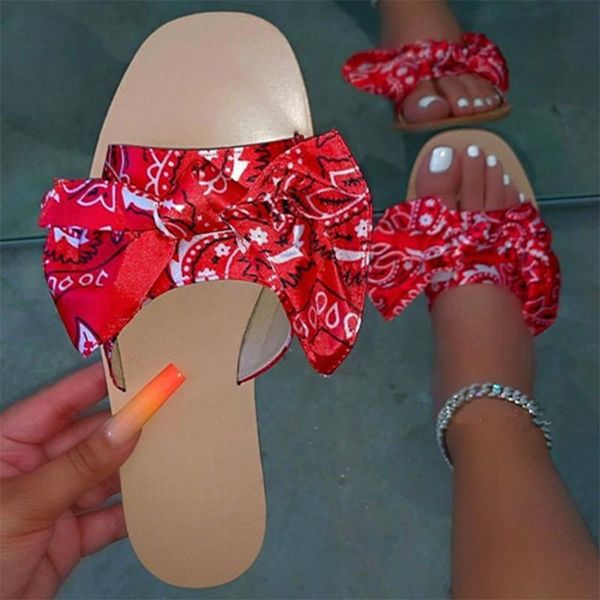 women print slippers 2021 knot summer flat fashion woman bowtie slide big size ladies comfort footwear female indoor shoes, Black