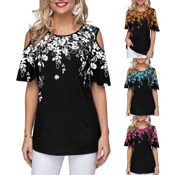 women's t-shirt women short sleeve o neck leaves floral print cold shoulder loose, White
women's t-shirt women short sleeve o neck leaves floral print cold shoulder loose, White